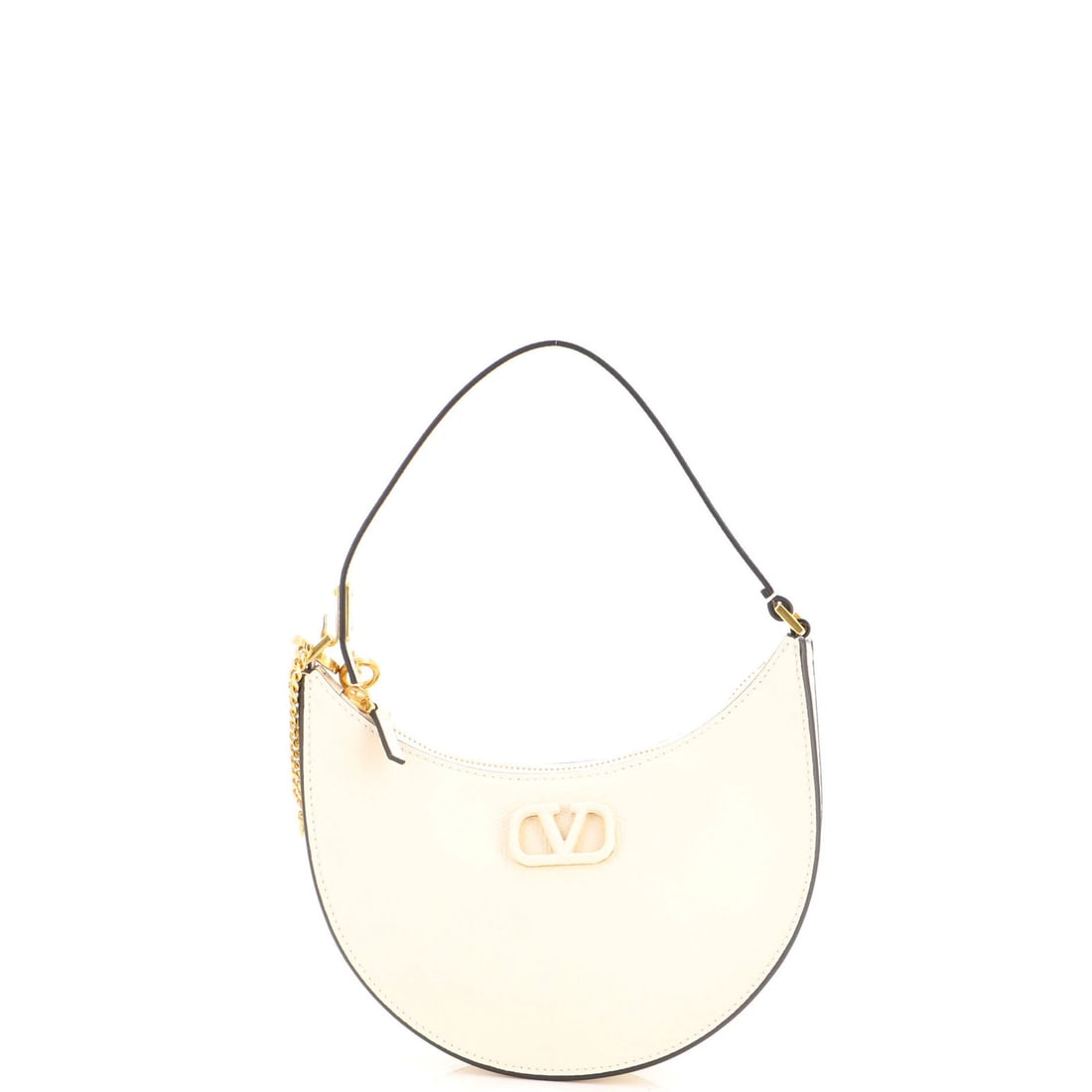 Garavani VLogo Mini Hobo Leather Valentino: Garavani VLogo Mini Hobo Leather Valentino White leather mini hobo with VLogo exterior, measuring 6" height, 7.5" width, and 2" depth, featuring minor scuffs on exterior, handles, and hardware. The