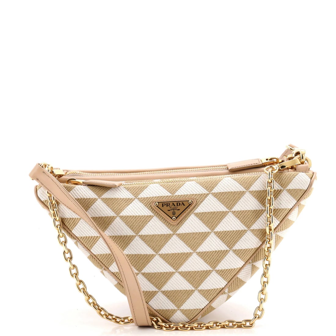 Double Symbole Triangle Bag Leather Jacquard Mini: Double Symbole Triangle Bag Leather Jacquard Mini The Double Symbole Triangle Bag Leather Jacquard Mini is a stylish and sophisticated shoulder bag featuring a neutral exterior color and a subtle gold