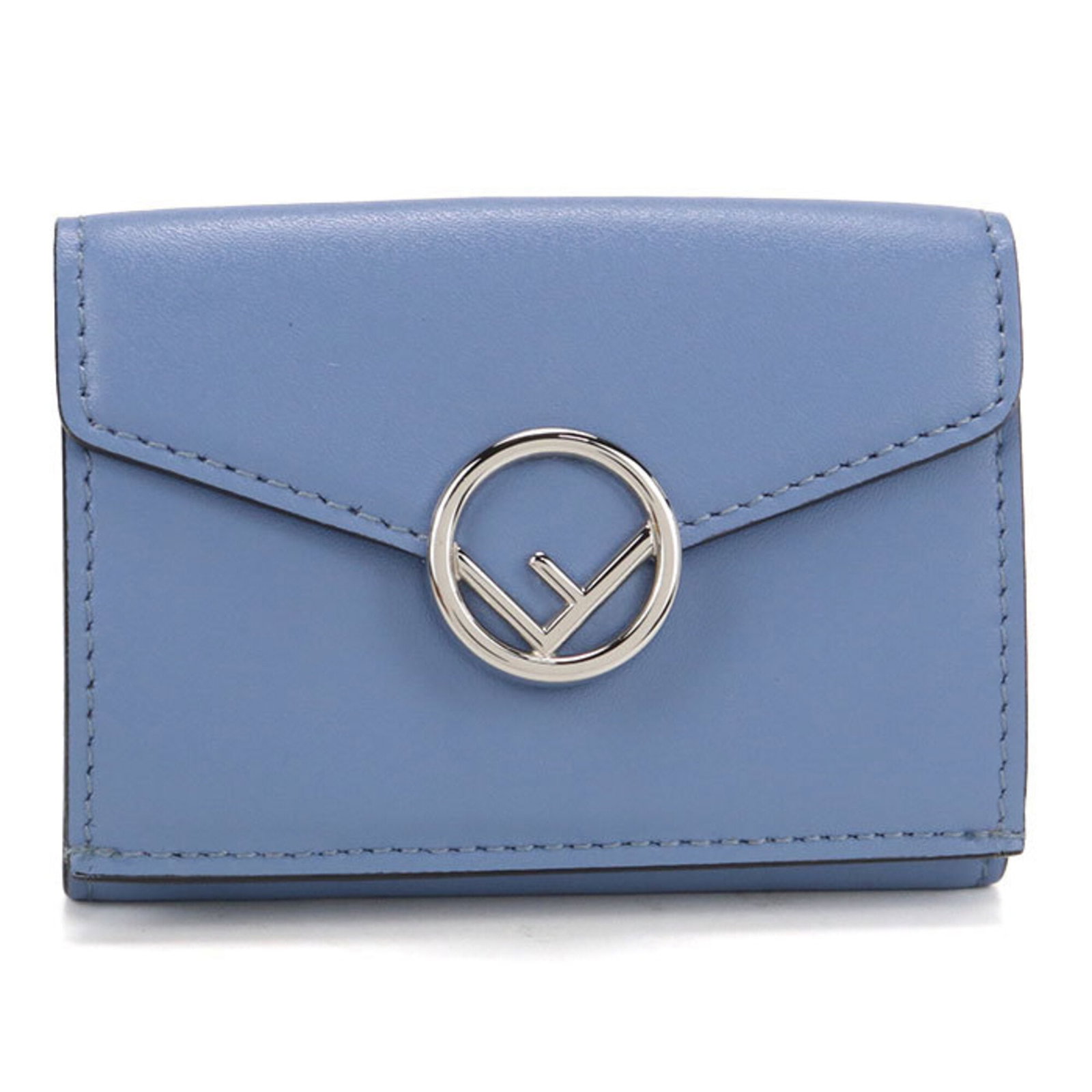 Fendi Wallet (Tri-Fold) Leather: Fendi Wallet (Tri-Fold) Leather The Fendi wallet boasts a sleek, tri-fold design crafted from high-quality calfskin leather, featuring a striking blue hue. Measuring 7cm x 9.5cm x 2.5cm, this stylish