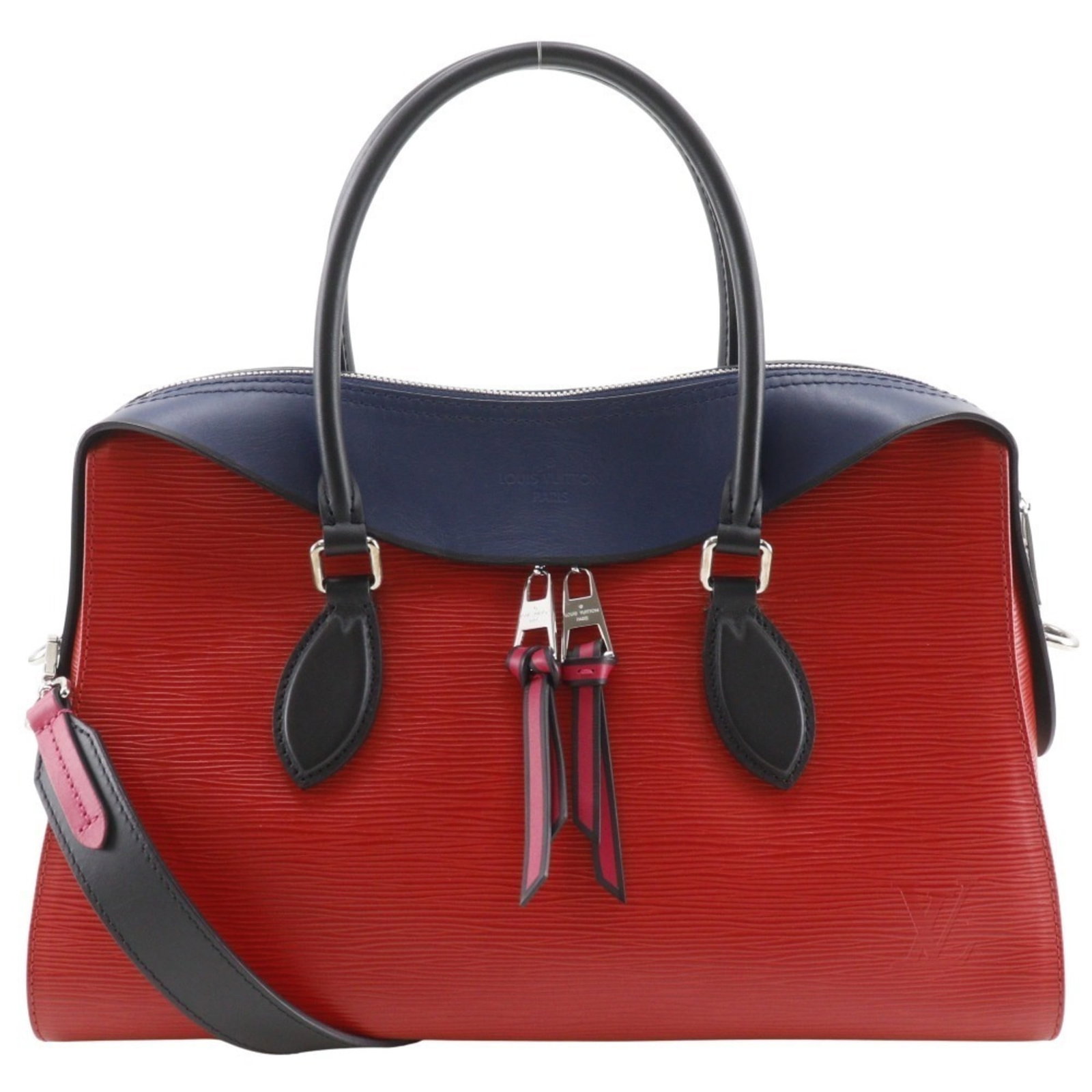 Louis Vuitton Epi Leather Tote Bag: Louis Vuitton Epi Leather Tote Bag Navy and Red Epi Leather Tote Bag from Louis Vuitton, featuring a sturdy zipper closure, open pocket, and three outer pockets. The bag's Epi leather material