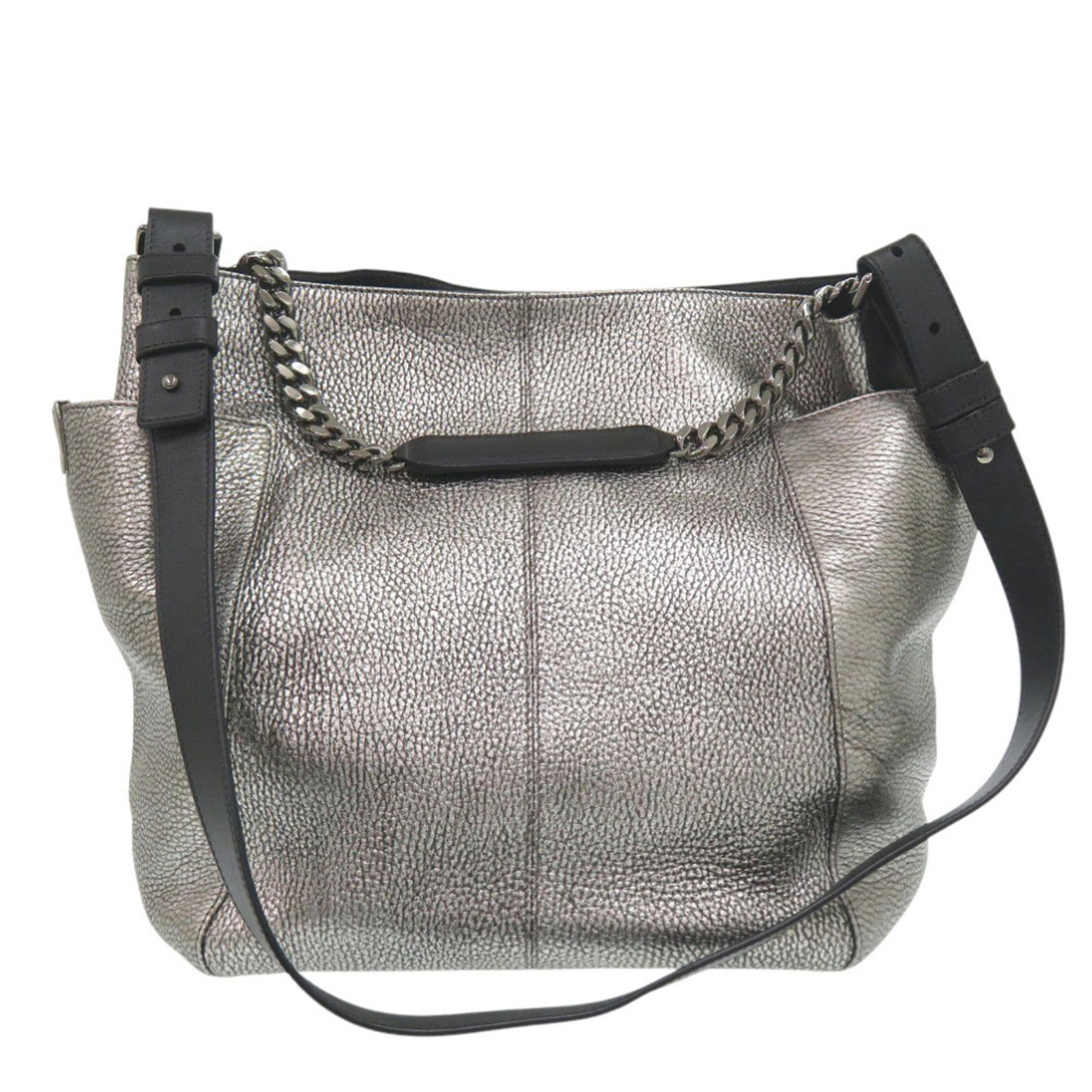 Jimmy Choo Leather Bag: Jimmy Choo Leather Bag Black leather bag with silver closure, designed by Jimmy Choo, features a 30cm x 36cm x 15cm size and adjustable strap length of 77cm - 91cm. The bag's sleek design and premium