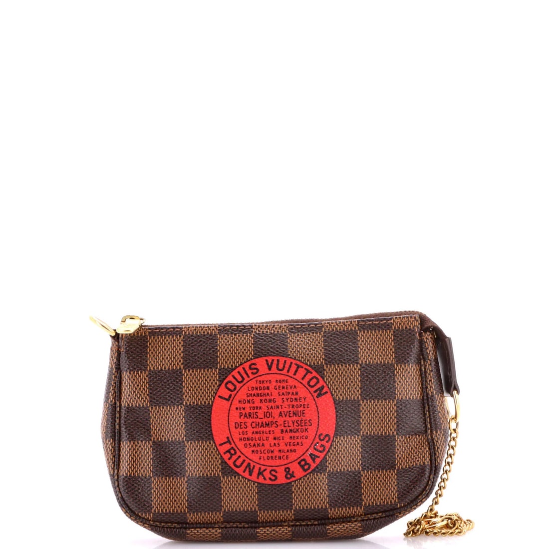 Louis Vuitton Damier Mini Accessoires Pochette Limited Edition: Louis Vuitton Damier Mini Accessoires Pochette Limited Edition The Louis Vuitton Damier Mini Accessoires Pochette is a limited edition, brown canvas coated clutch with a striking red interior. Measuri