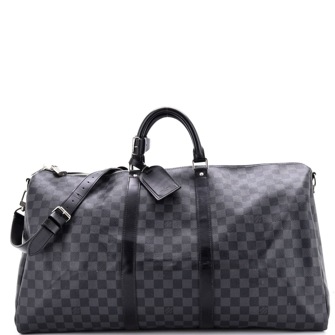 Louis Vuitton Keepall Bandouliere Bag Damier Graphite 55: Louis Vuitton Keepall Bandouliere Bag Damier Graphite 55 Black canvas coated Louis Vuitton Keepall Bandouliere Bag Damier Graphite 55 with heavy scuffs throughout, creased exterior and silver