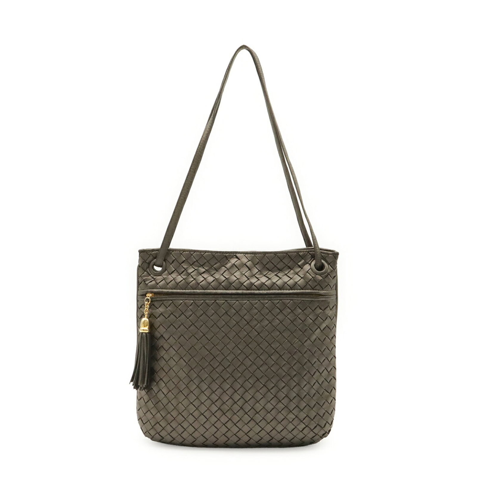 Bottega Veneta Shoulder Bag Tote Bag Intrecciato: Bottega Veneta Shoulder Bag Tote Bag Intrecciato Intrecciato woven design adds a unique texture to this metallic gray Bottega Veneta shoulder bag tote. The bag's dimensions provide ample space for
