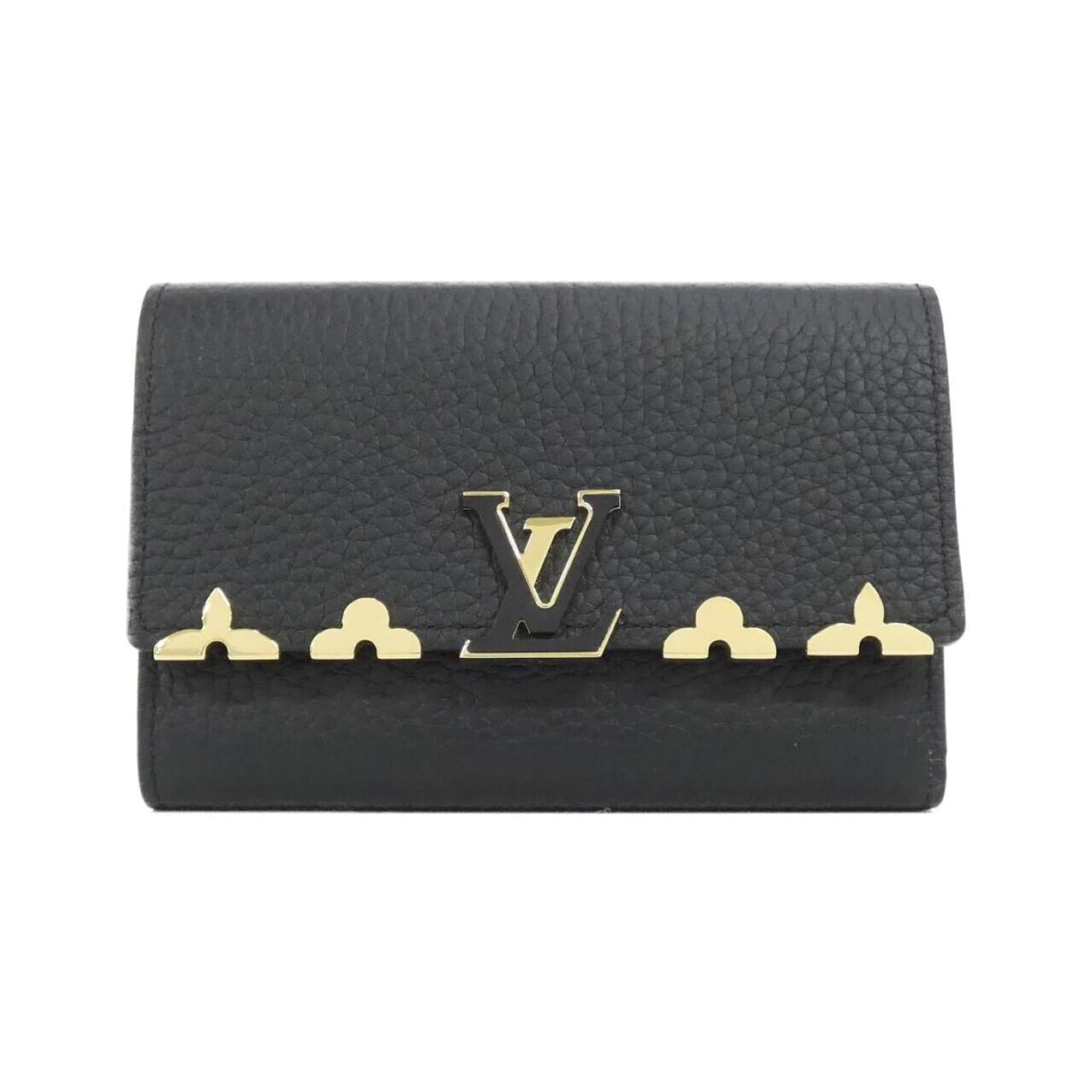 Louis Vuitton Wallet (Tri-Fold) Leather: Louis Vuitton Wallet (Tri-Fold) Leather Tri-fold leather wallet from Louis Vuitton, crafted from high-quality calf leather in a sleek black finish. Measuring 9cm x 13cm x 2.5cm, this wallet features