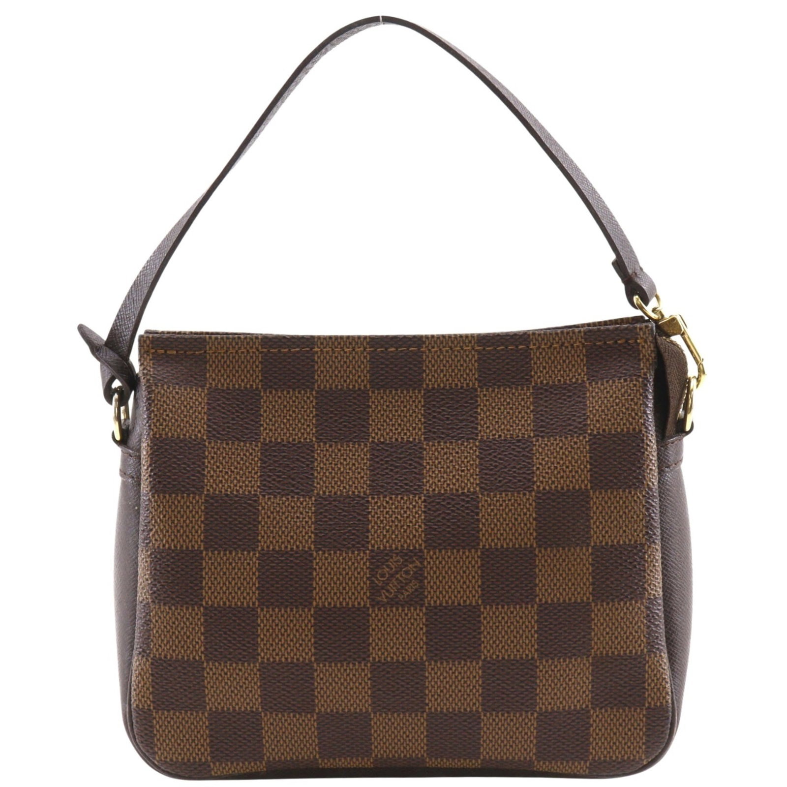 Canvas Damier Pouch Louis Vuitton: Canvas Damier Pouch Louis Vuitton Damier canvas pattern adds a touch of classic elegance to this compact Louis Vuitton pouch, crafted from high-quality brown leather. Measuring 14cm x 16cm x 5.5cm,