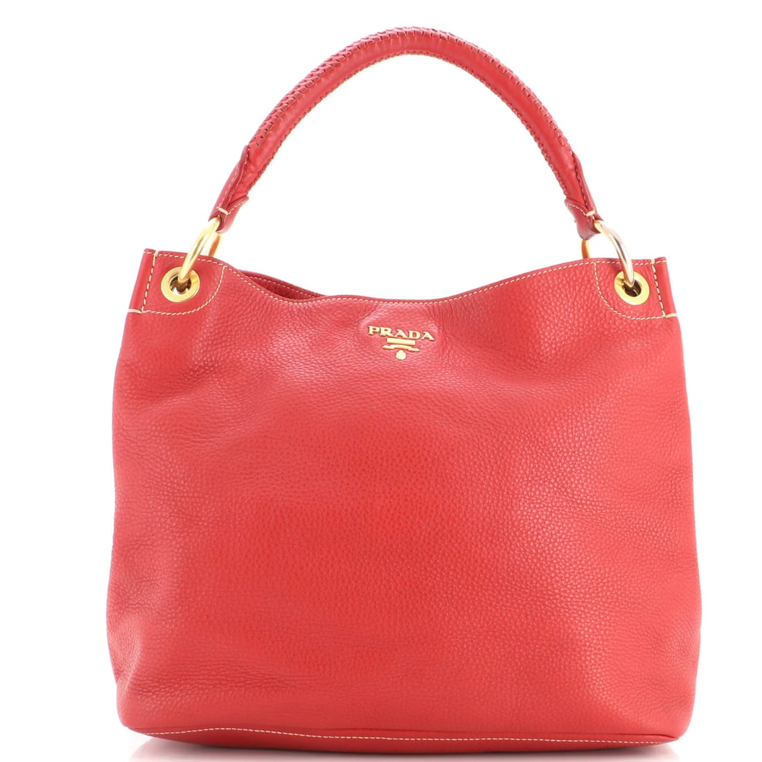 Hobo Rolled Large Vitello Daino Prada: Hobo Rolled Large Vitello Daino Prada The Prada Vitello Daino Large Hobo Rolled features a striking red exterior with heavy corner wear, scuffs, and minor discoloration, adding a touch of worn