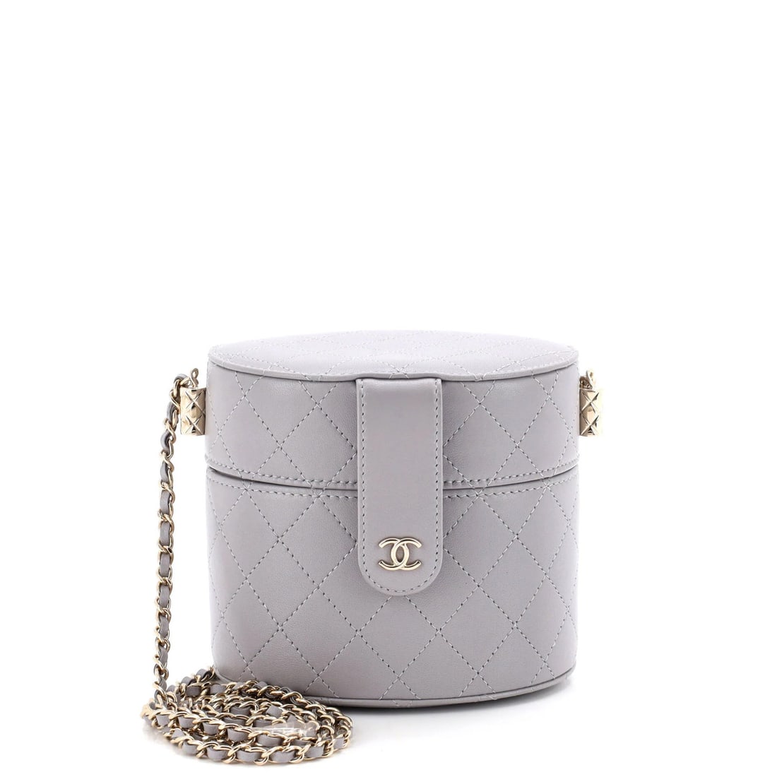 Chanel CC Lambskin Quilted Case Small with Chain Vanity Allure: Chanel CC Lambskin Quilted Case Small with Chain Vanity Allure Gray quilted lambskin exterior, gold tone hardware, and a classic cross body design make this Chanel CC Lambskin Quilted Case Small with 