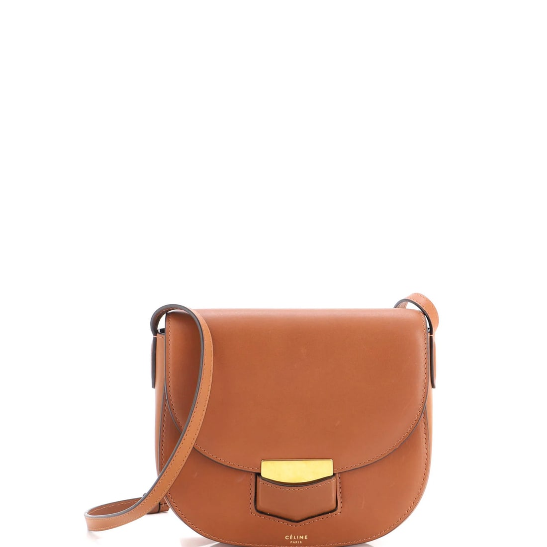 Calfskin Small Trotteur Crossbody Bag: Calfskin Small Trotteur Crossbody Bag The Calfskin Small Trotteur Crossbody Bag features a rich brown exterior made from high-quality leather, with a sleek and sophisticated design. Measuring 7" in he