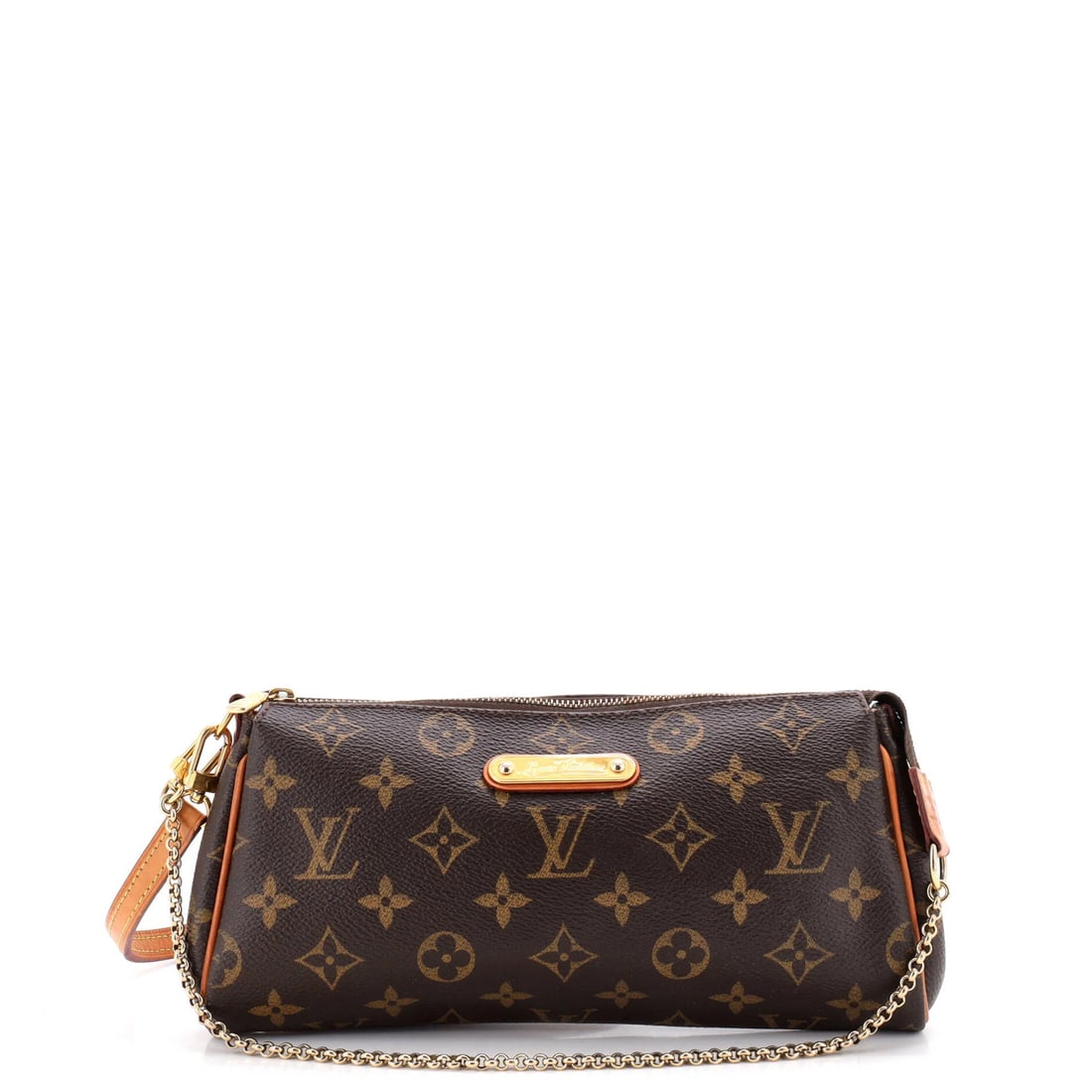 Monogram Canvas Eva Handbag Louis Vuitton: Monogram Canvas Eva Handbag Louis Vuitton Brown Monogram Canvas Eva Handbag with Gold Hardware, featuring a classic clutches design with a 9" handle drop and 26" strap drop. The bag's exterior shows
