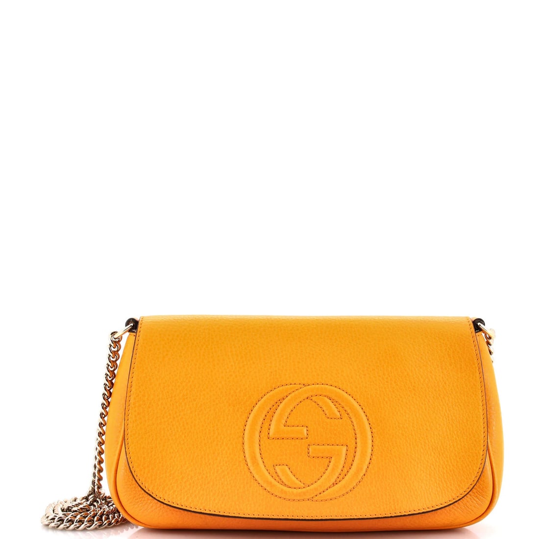 Gucci Medium Leather Chain Crossbody Bag Soho: Gucci Medium Leather Chain Crossbody Bag Soho Gucci's iconic Soho Chain Crossbody Bag boasts a vibrant orange exterior made from medium leather, adding a pop of color to any outfit. With a chain