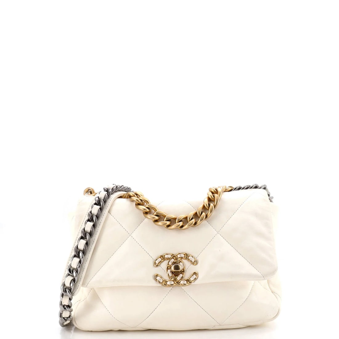 Chanel 19 Flap Bag Quilted Leather Medium: Chanel 19 Flap Bag Quilted Leather Medium White quilted leather Chanel 19 Flap Bag Medium with gold and silver hardware, featuring a classic cross-body design. Measuring 6.5" tall, 10" wide, and 3.5" 