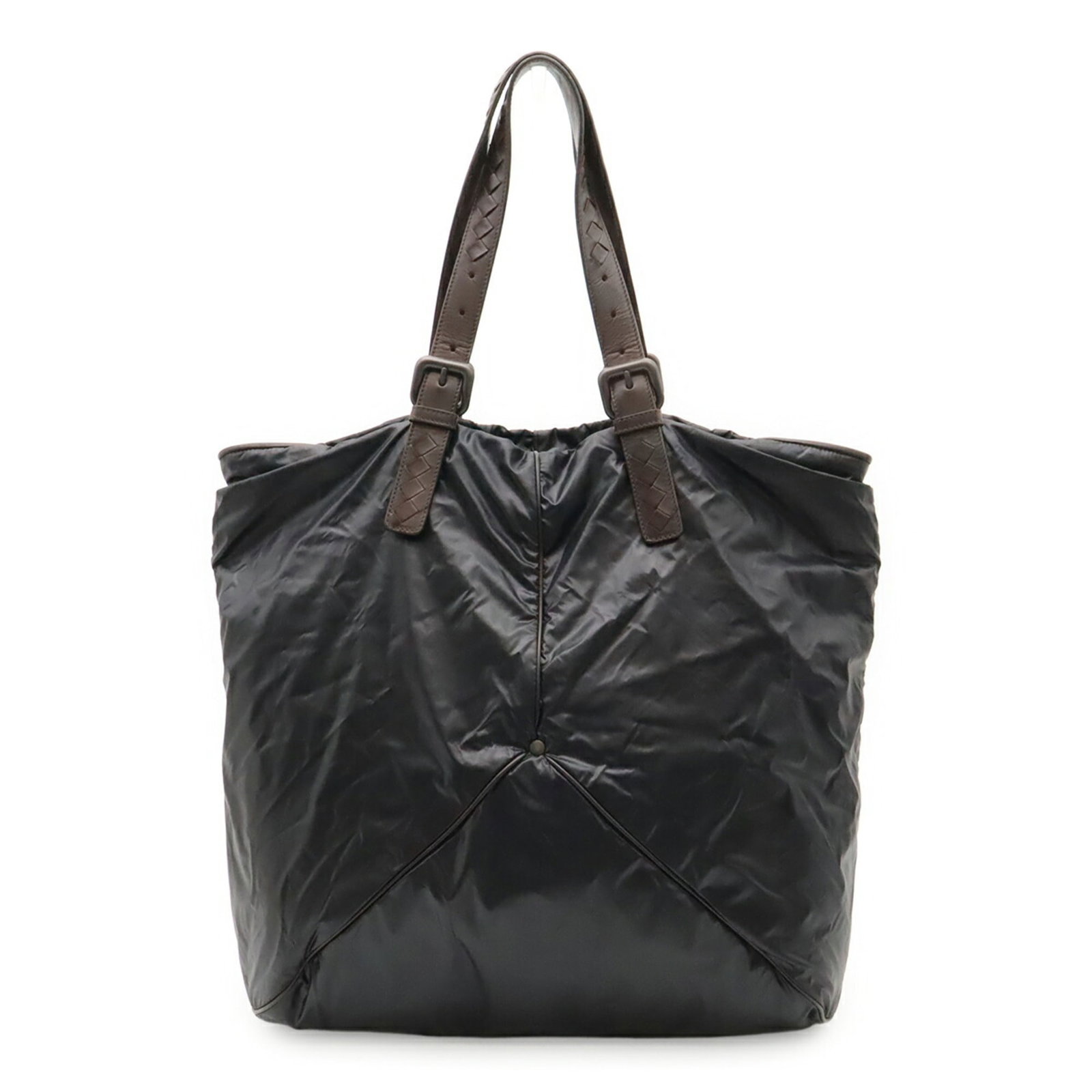 Bag Tote Nylon Leather Bag Shoulder Bottega: Bag Tote Nylon Leather Bag Shoulder Bottega Bottega Veneta's shoulder tote features a unique blend of nylon and leather materials, with a sleek black and dark brown color combination. The bag's