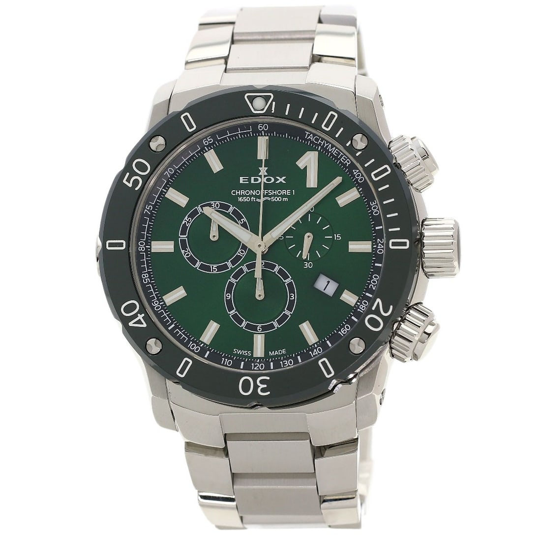 Edox Chrono Offshore 1 Watches 10221.3Vm5 Stainless Steel/ Stainless Steel: Edox Chrono Offshore 1 Watches 10221.3Vm5 Stainless Steel/ Stainless Steel Stainless steel case and silver bezel add a sleek touch to this 45mm Edox Chrono Offshore 1 watch, featuring a green dial