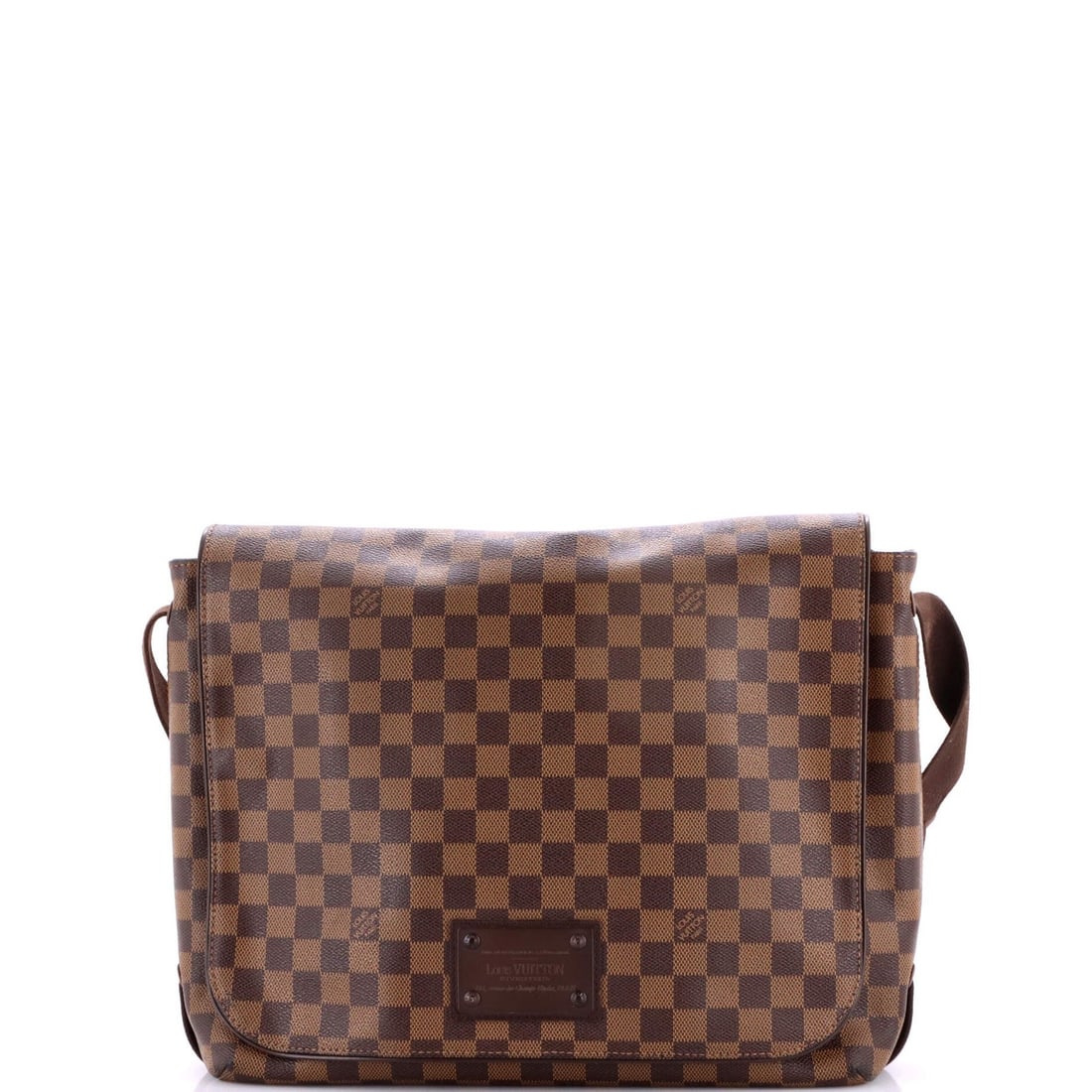 Vuitton Louis Handbag Brooklyn Damier MM: Vuitton Louis Handbag Brooklyn Damier MM Brown Louis Vuitton Brooklyn Damier MM Messenger Bag with Canvas Coated Exterior and Brown Fabric Interior, featuring a classic design with edge wear and