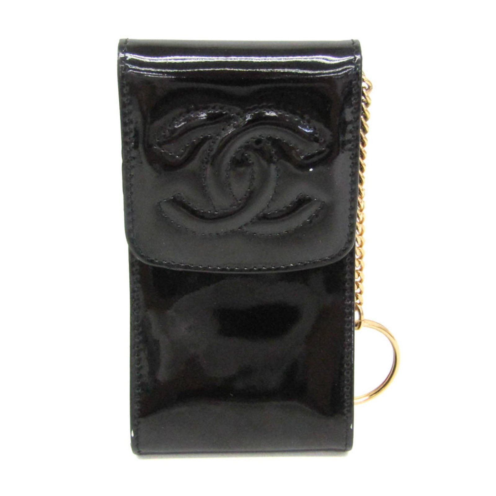Leather Pouch by Chanel: Leather Pouch by Chanel Black leather mini pouch with keyring, measuring 12cm x 6.5cm x 2cm, features a snap fastener closure and bears a serial number 4902328. Made from high-quality leather, this