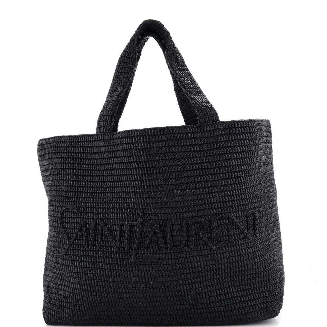 Supple Tote Embroidered Raffia Saint Laurent Logo: Supple Tote Embroidered Raffia Saint Laurent Logo Black Supple Raffia Saint Laurent Logo Tote with Minor Creases and Scuffs, Featuring Embroidered Logo and Pristine Condition. This classic tote