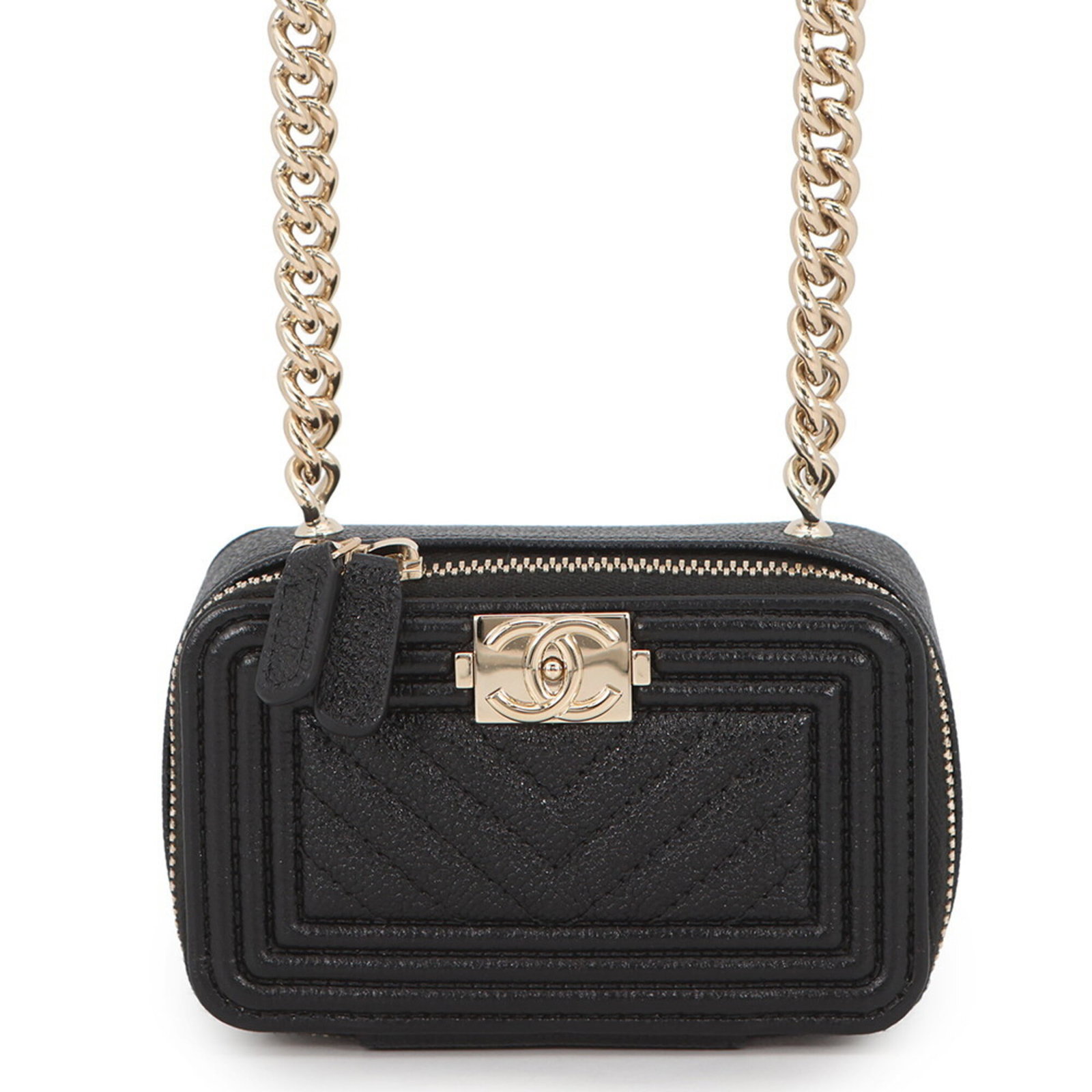 Calfskin Grained Chanel Bag Shoulder: Calfskin Grained Chanel Bag Shoulder This black Grained Calfskin shoulder bag from Chanel features a sleek and sophisticated design. Made from high-quality Grained Calfskin, its classic shape and