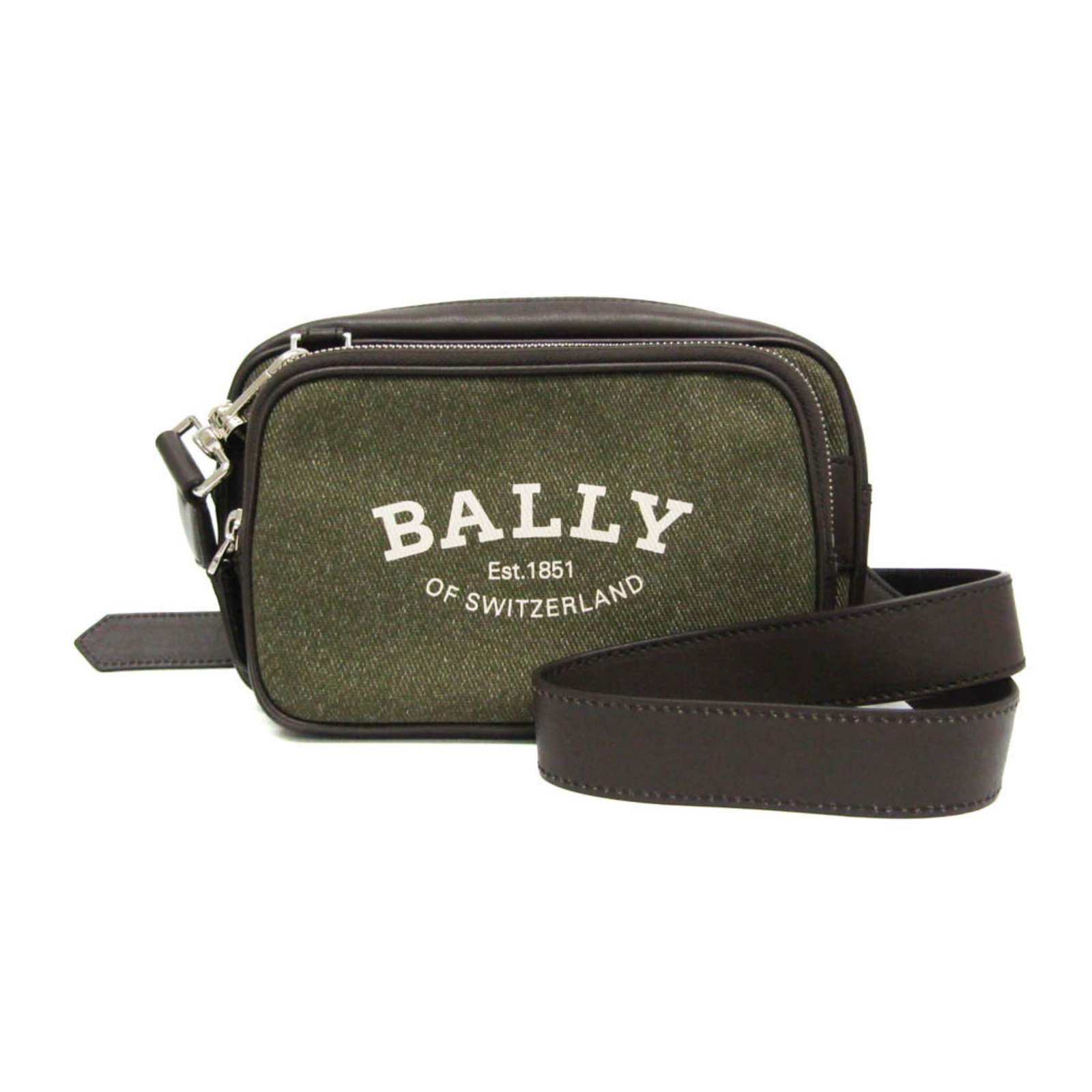 Bally Shoulder Bag Canvas Leather: Bally Shoulder Bag Canvas Leather Canvas and leather blend in this classic Bally shoulder bag, available in brown and khaki hues. Measuring 15cm x 22.5cm x 18.5cm, it features a sturdy design with a