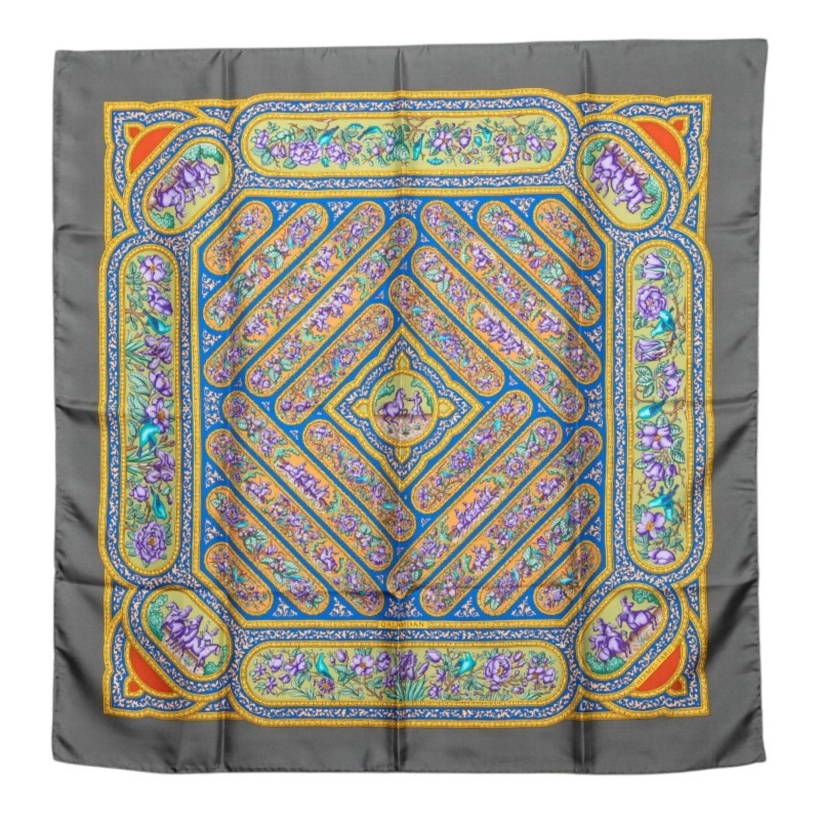 Silk Hermes Scarf: Silk Hermes Scarf Silk from Hermes, this scarf features a unique gray and multi-color design. Made from high-quality silk, it measures 87.5cm x 87cm. The signature is present on the scarf. Item Specif