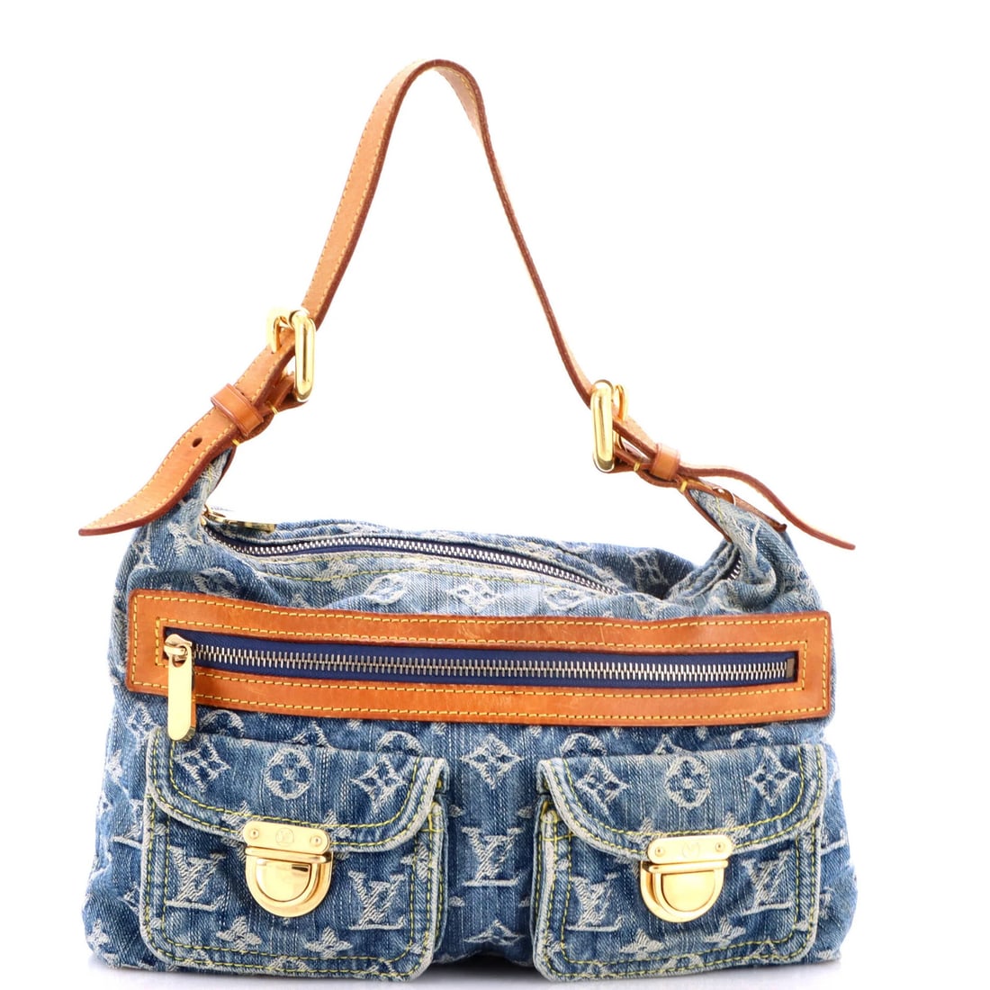 Baggy Handbag Louis Vuitton Denim PM: Baggy Handbag Louis Vuitton Denim PM Blue Louis Vuitton Denim PM Baggy Handbag with a relaxed, hobos-style design. The bag features a denim exterior with a subtle blue hue, and its interior is lined w