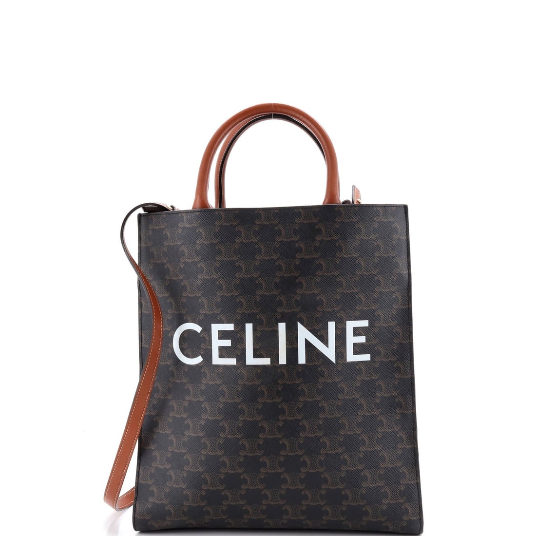 Celine Vertical Cabas Tote Triomphe Coated Canvas Small: Celine Vertical Cabas Tote Triomphe Coated Canvas Small Small Celine Vertical Cabas Tote Triomphe in Brown Canvas Coated Leather. This small tote measures 13" tall, 11" wide, and 3" deep, with a 4.5" 