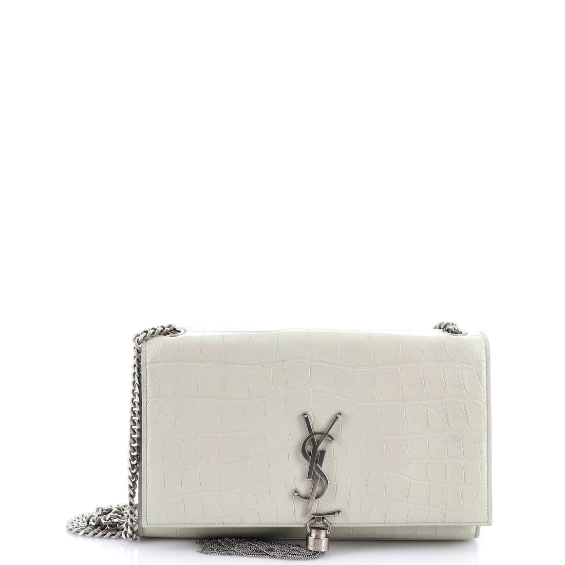 Crocodile Embossed Leather Saint Laurent Classic Tassel Bag Monogram Crossbody: Crocodile Embossed Leather Saint Laurent Classic Tassel Bag Monogram Crossbody Crocodile embossed leather adds a touch of luxury to this Saint Laurent Classic Tassel Bag, featuring a neutral exterior 