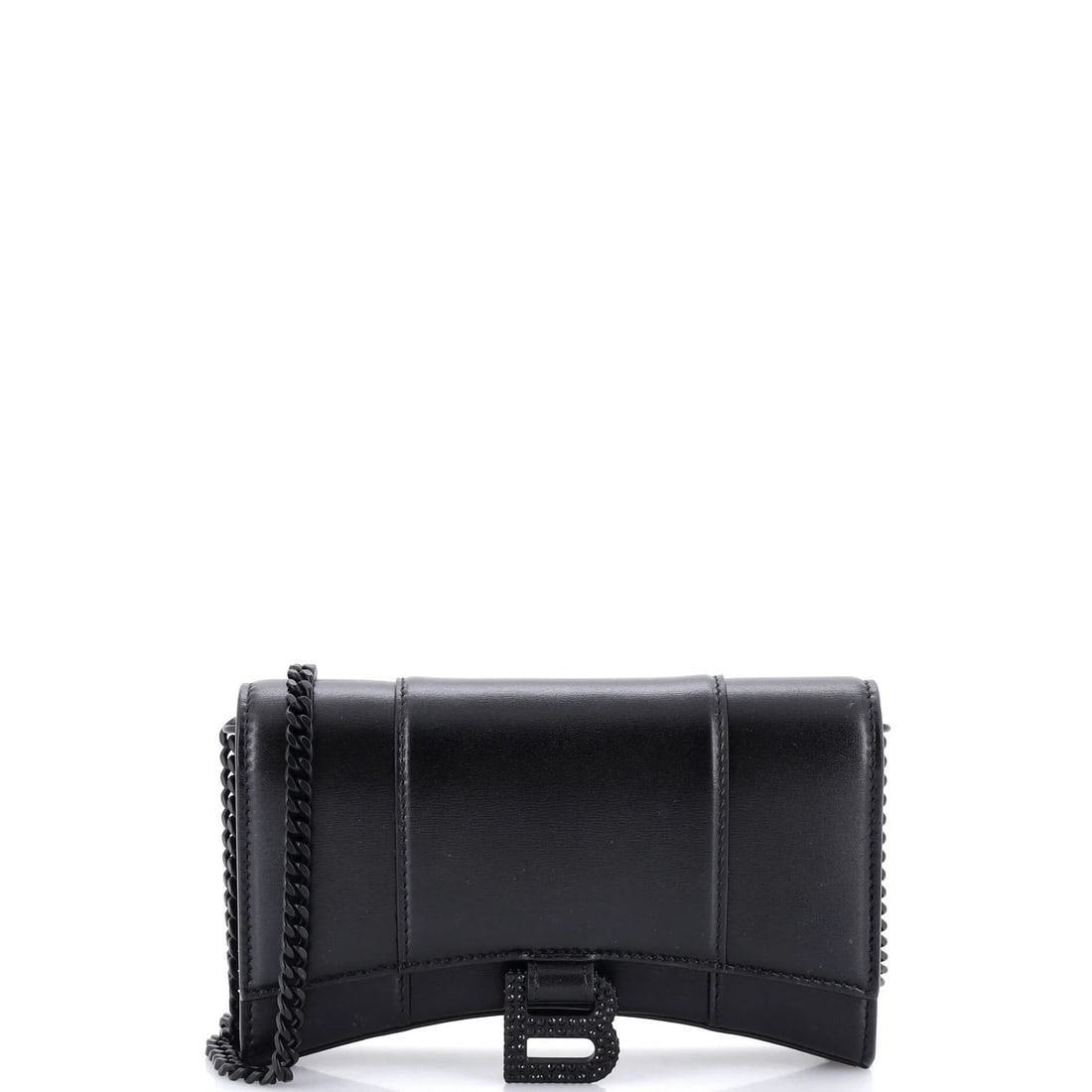 Hourglass Chain Wallet Leather with Crystal Detail: Hourglass Chain Wallet Leather with Crystal Detail Crystal-embellished leather and sleek chain details come together in this striking Hourglass Chain Wallet Leather bag, measuring 4.5" tall, 7.5"