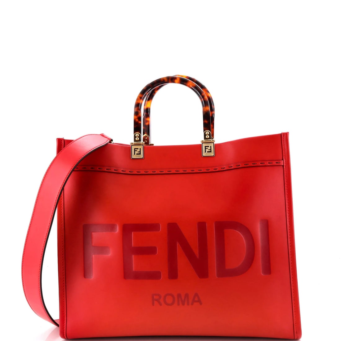 Tote shopper medium leather Fendi: Tote shopper medium leather Fendi Red Fendi medium leather Sunshine Shopper Tote with gold hardware, featuring a classic design with a medium size and suede interior, measures 12" tall, 14" wide, and