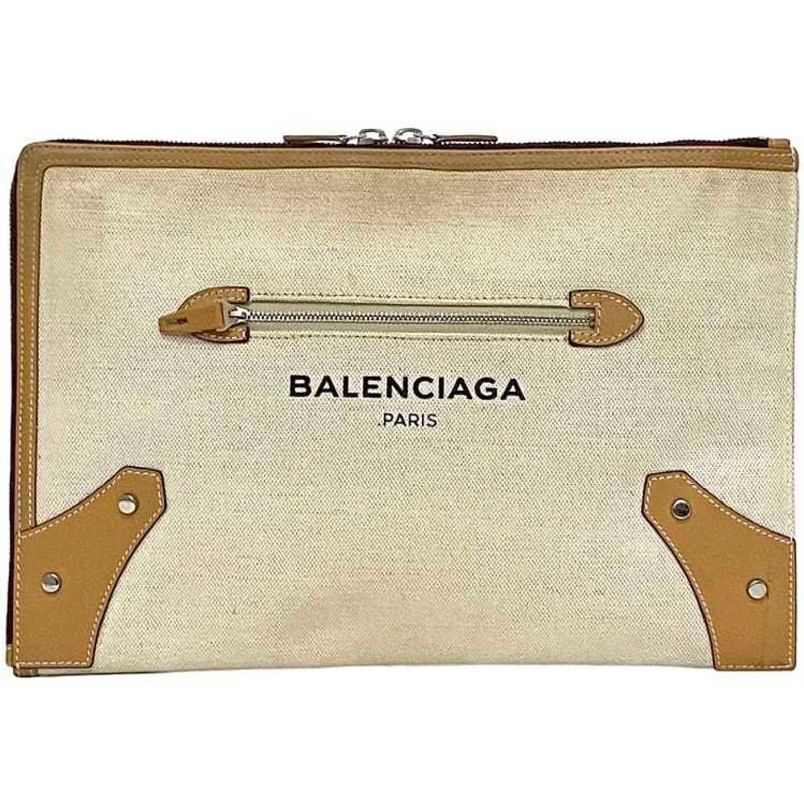 Canvas Leather Handbag Bag Clutch Balenciaga: Canvas Leather Handbag Bag Clutch Balenciaga Canvas Leather Balenciaga Clutch Bag: A luxurious beige and white canvas leather clutch bag with silver hardware, featuring a zipper closure and open