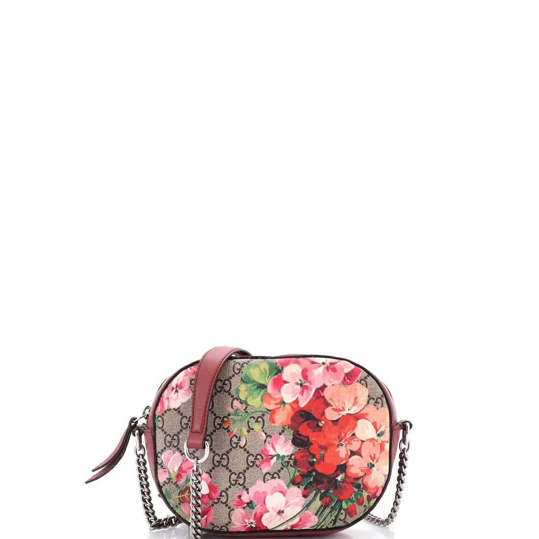 Chain Crossbody Bag Blooms Print Coated Canvas Mini Gucci: Chain Crossbody Bag Blooms Print Coated Canvas Mini Gucci Chain Crossbody Bag Blooms Print Coated Canvas Mini Gucci in Brown, featuring a Blooms print and GG coated canvas exterior, with a brown micro