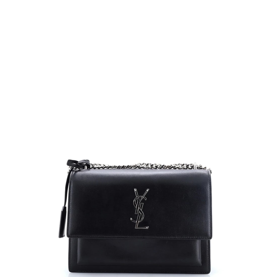 Leather Medium Saint Laurent Crossbody Bag Sunset: Leather Medium Saint Laurent Crossbody Bag Sunset Black leather medium Saint Laurent crossbody bag with suede interior, featuring a classic design and aged gold hardware. The bag measures 7" tall,
