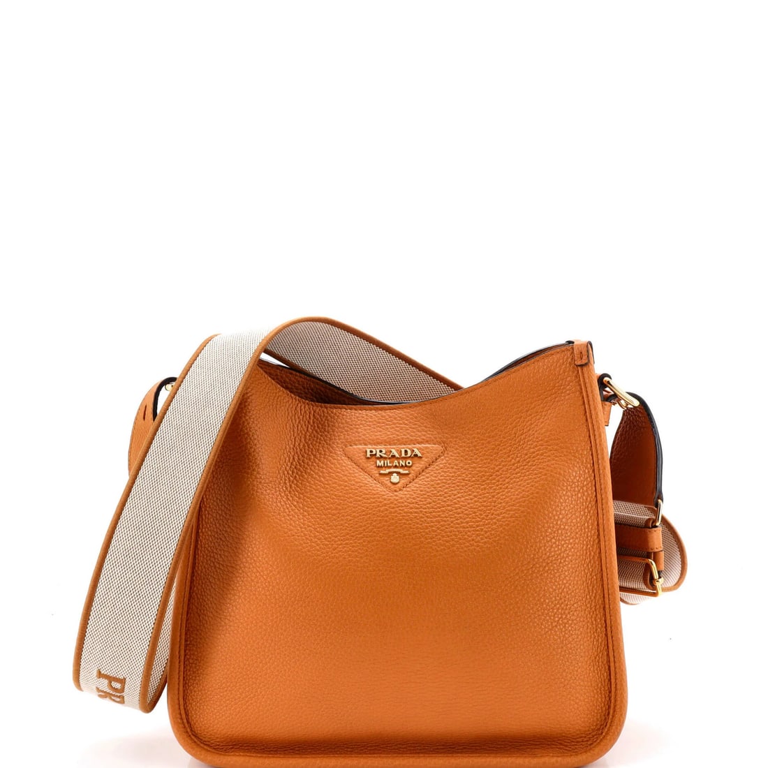 Strap Crossbody Bag Logo Prada Vitello Daino Medium: Strap Crossbody Bag Logo Prada Vitello Daino Medium Strap Crossbody Bag Logo Prada Vitello Daino Medium - A medium-sized crossbody bag with a signature logo, featuring brown leather exterior and gold 