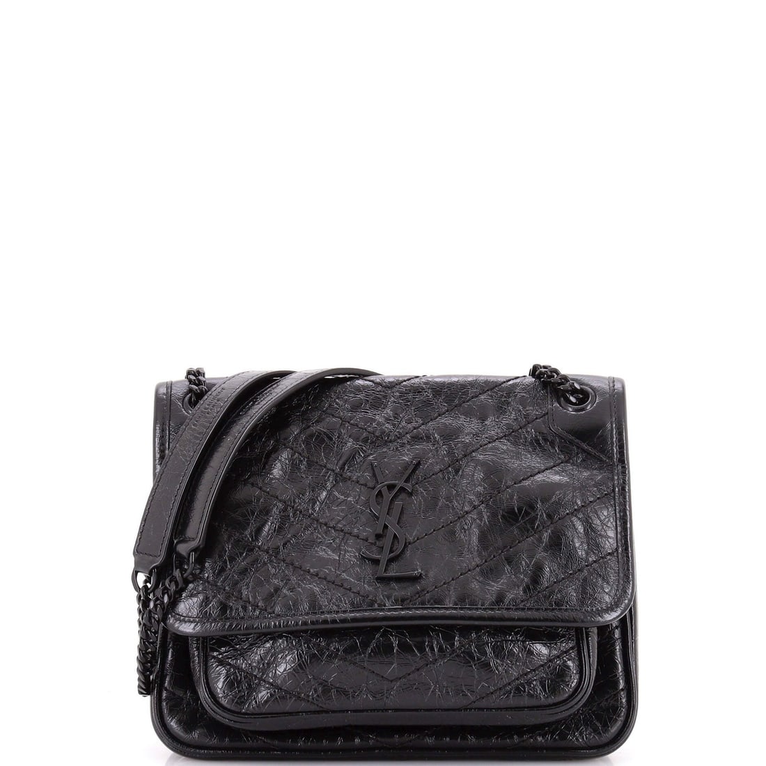Matelasse Leather Baby Chevron Chain Niki Flap Bag Saint Laurent: Matelasse Leather Baby Chevron Chain Niki Flap Bag Saint Laurent Matelasse Leather Baby Chevron Chain Niki Flap Bag from Saint Laurent, featuring a chic black exterior with minor scuffs and creases,
