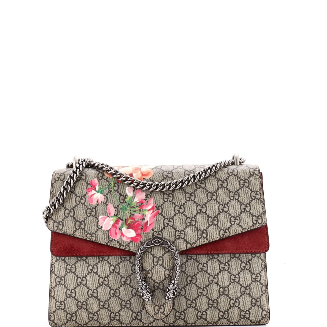 Gucci Dionysus Bag Blooms Print GG Coated Canvas Medium: Gucci Dionysus Bag Blooms Print GG Coated Canvas Medium Brown Gucci Dionysus Bag Blooms Print GG Coated Canvas Medium features a unique Blooms Print GG Coated canvas exterior in brown, with a suede