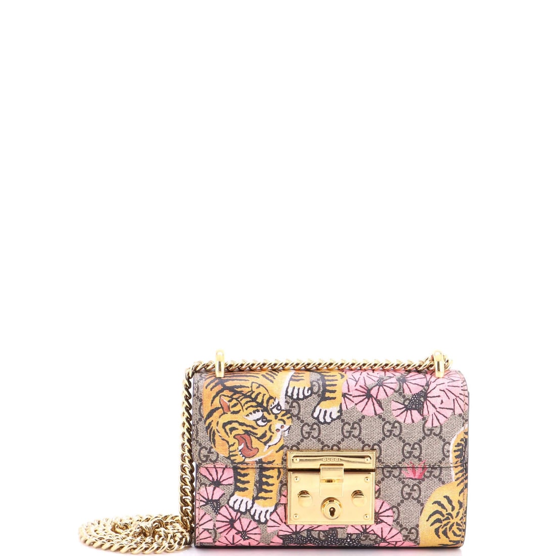 Padlock Bengal Print Bag Canvas Coated GG Small Gucci: Padlock Bengal Print Bag Canvas Coated GG Small Gucci Small Gucci Padlock Bengal Print Bag in Brown Canvas Coated GG. This stylish shoulder bag features a unique Bengal print design on the exterior, w