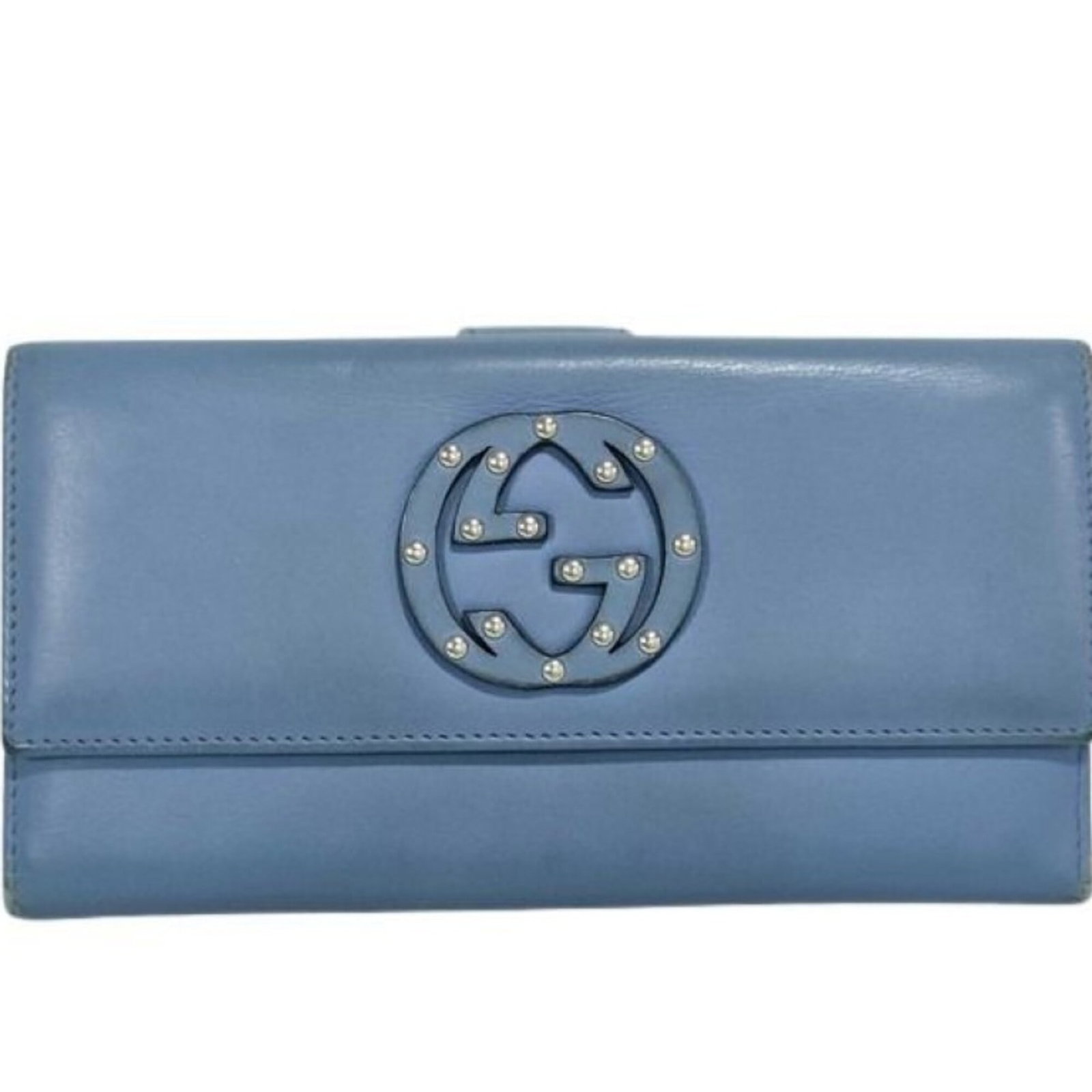Gucci Long Wallet (Bi-Fold) Leather: Gucci Long Wallet (Bi-Fold) Leather The Gucci Long Wallet (Bi-Fold) Leather is a stylish and functional accessory, featuring a sleek blue leather design with a bi-fold structure. Measuring 9.5cm x