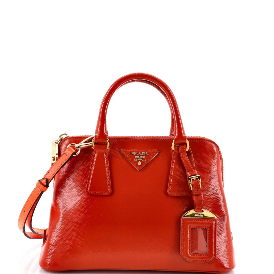 Vernice Saffiano Leather Prada Small Promenade Bag: Vernice Saffiano Leather Prada Small Promenade Bag The Prada Promenade Bag in Vernice Saffiano Leather is a vibrant orange patent leather satchel with a classic design. Measuring 7" tall and 10" wide,