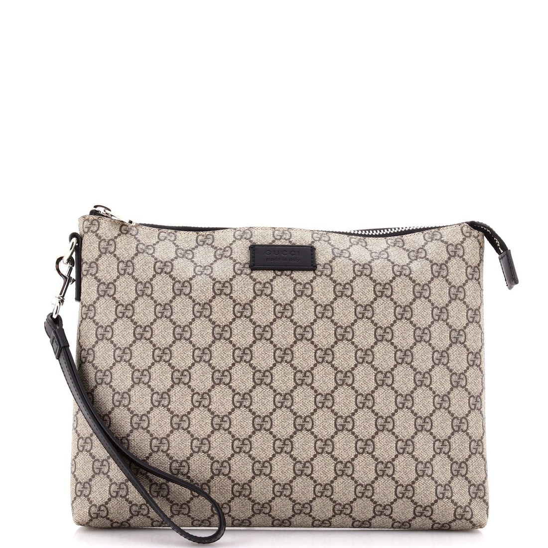 Gucci Wristlet Zip Pouch Coated Canvas Medium GG: Gucci Wristlet Zip Pouch Coated Canvas Medium GG Medium GG Gucci Wristlet Zip Pouch in Brown Coated Canvas features a classic design with a zip closure, perfect for adding a touch of luxury to any