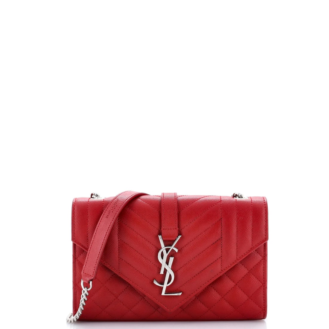 Saint Laurent Classic Monogram Envelope Satchel Mixed Matelasse Leather Small: Saint Laurent Classic Monogram Envelope Satchel Mixed Matelasse Leather Small Small Saint Laurent Classic Monogram Envelope Satchel in Red Mixed Matelasse Leather. This cross body bag features a
