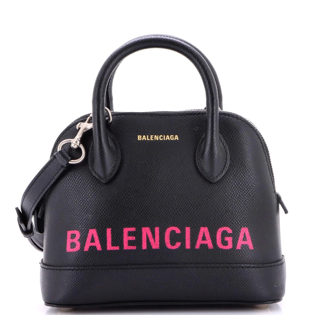 Balenciaga Logo Ville Bag Leather XXS: Balenciaga Logo Ville Bag Leather XXS Black leather Balenciaga Logo Ville Bag with silver hardware, measuring 6" tall and 7" wide, features a cross body design with a 22-25" strap drop. Minor scuffs o