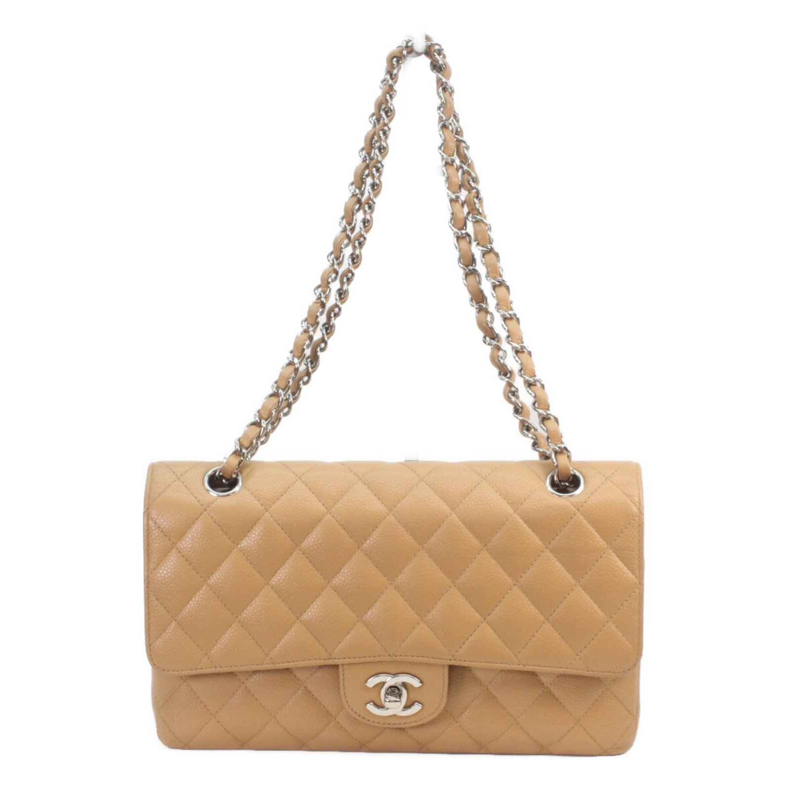 Calfskin Grained Chanel Bag Shoulder: Calfskin Grained Chanel Bag Shoulder Calfskin Grained Chanel Bag Shoulder is made from genuine grained calfskin, a classic material for Chanel's iconic shoulder bags. The beige color and silver hardwa