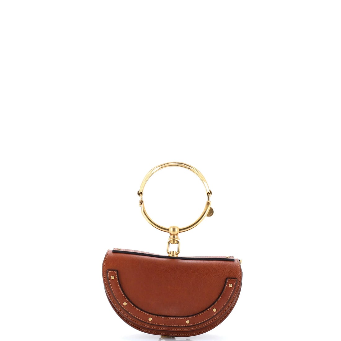 Chloe Nile Crossbody Bag Leather Mini: Chloe Nile Crossbody Bag Leather Mini Brown leather mini crossbody bag with aged gold hardware, featuring a classic design and functional strap drop. The bag measures 4.5" tall, 8" wide, and 2.5" deep