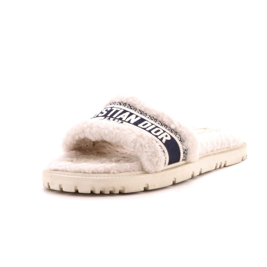 Women's Christian Dior Canvas Sandals Shearling Embroidered Slide: Women's Christian Dior Canvas Sandals Shearling Embroidered Slide Canvas and shearling exterior, embroidered details, and a classic slide design make these Christian Dior sandals a stylish choice. The