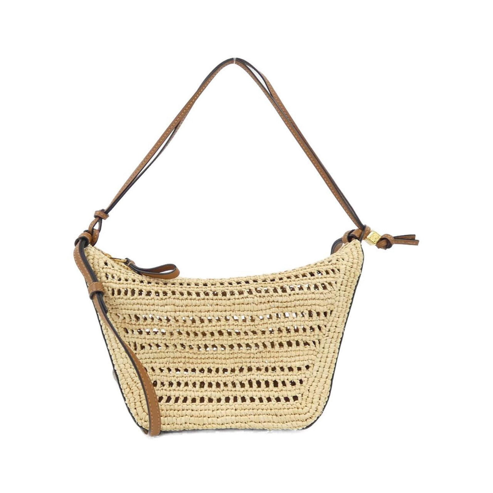 Raffia Leather Shoulder Bag Loewe: Raffia Leather Shoulder Bag Loewe Raffia leather shoulder bag with a rich, brown calfskin exterior, adorned with gold hardware. This stylish bag measures 17cm x 27cm x 10cm and features a unique blend