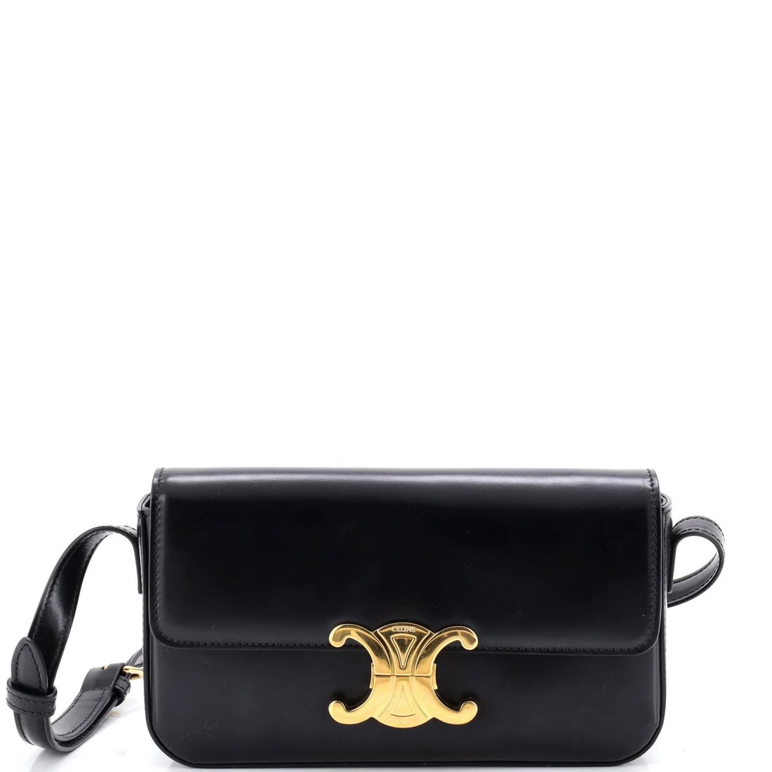 East-West Calfskin Shoulder Bag Smooth Celine Triomphe: East-West Calfskin Shoulder Bag Smooth Celine Triomphe Black East-West Calfskin Smooth Celine Triomphe Shoulder Bag with Gold Hardware, featuring a classic design and premium leather exterior.