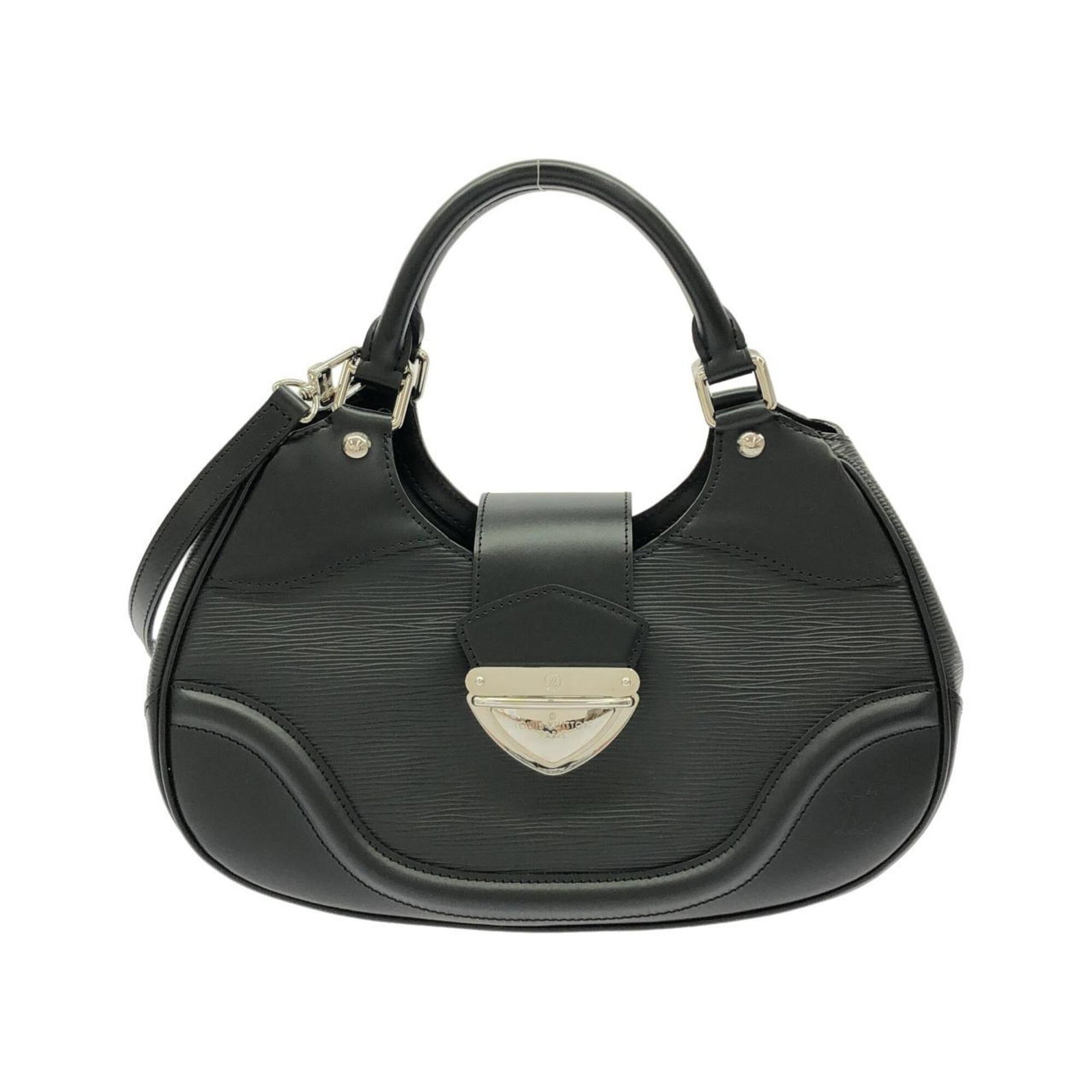Handbag Leather Louis Vuitton: Handbag Leather Louis Vuitton This Louis Vuitton handbag is crafted from high-quality calf leather, featuring a sleek black finish and silver hardware accents. Measuring 21cm x 32cm x 13cm, it offers