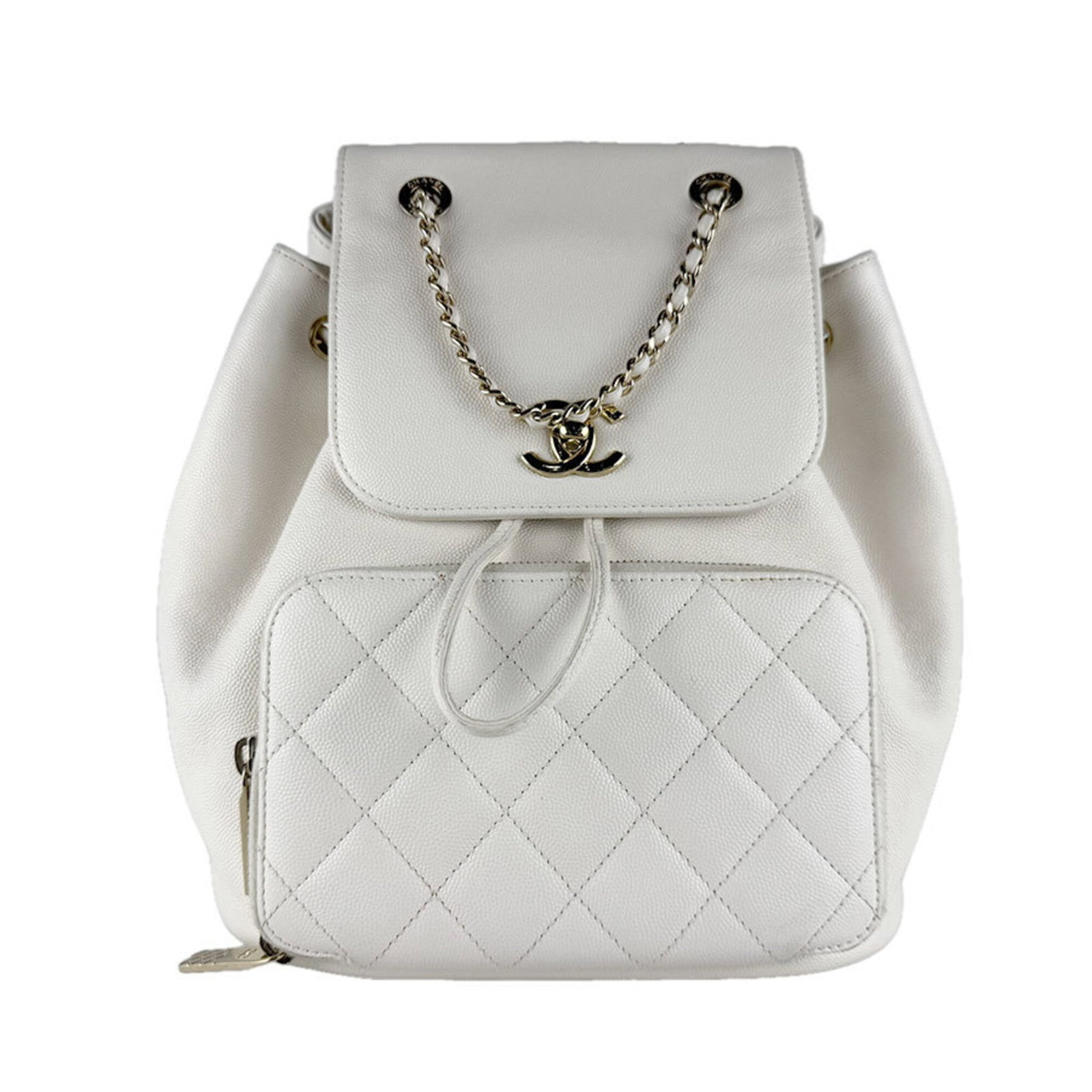 Calfskin Grained Chanel Backpack: Calfskin Grained Chanel Backpack The Calfskin Grained Chanel Backpack is a classic design crafted from high-quality Grained Calfskin, featuring a timeless ivory color that exudes elegance. Measuring