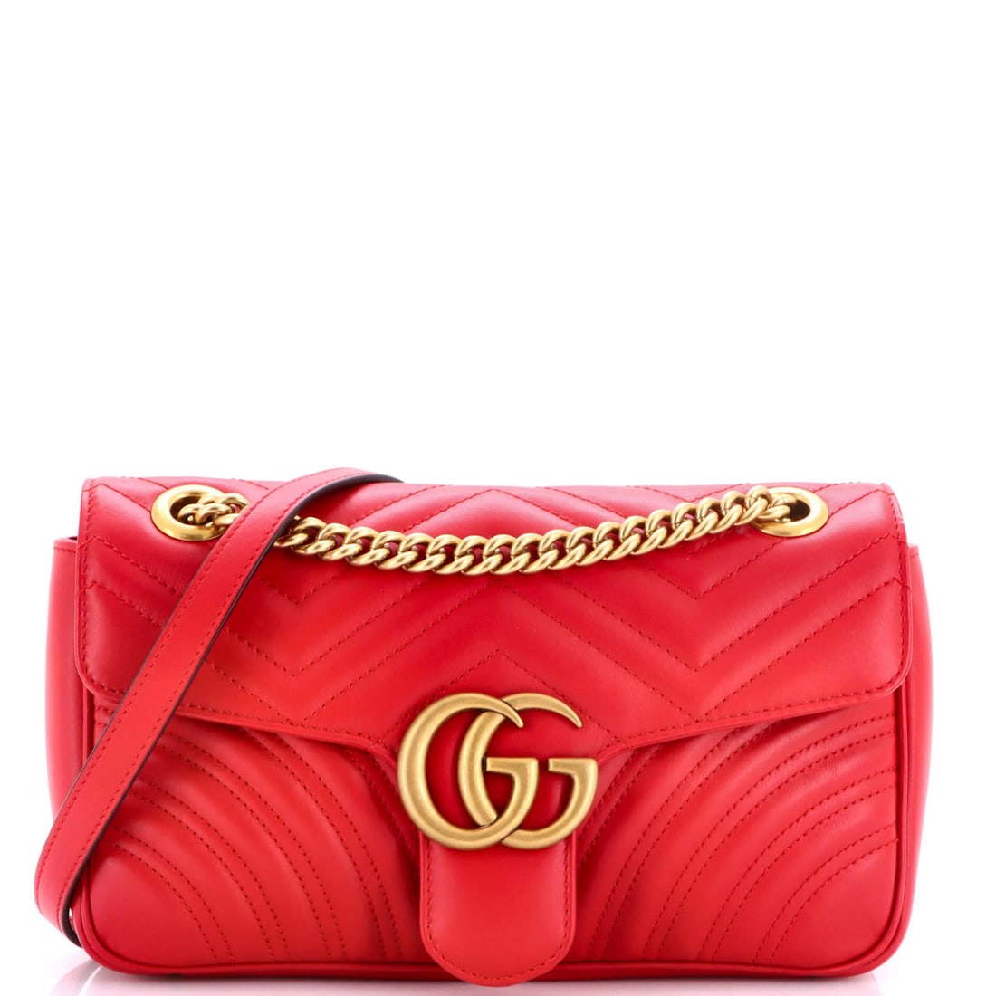 Small Gucci Flap Leather Matelasse Bag Marmont GG: Small Gucci Flap Leather Matelasse Bag Marmont GG Small Gucci Flap Leather Matelasse Bag Marmont GG features a striking red exterior with a signature GG Marmont design, adorned with aged gold hardware