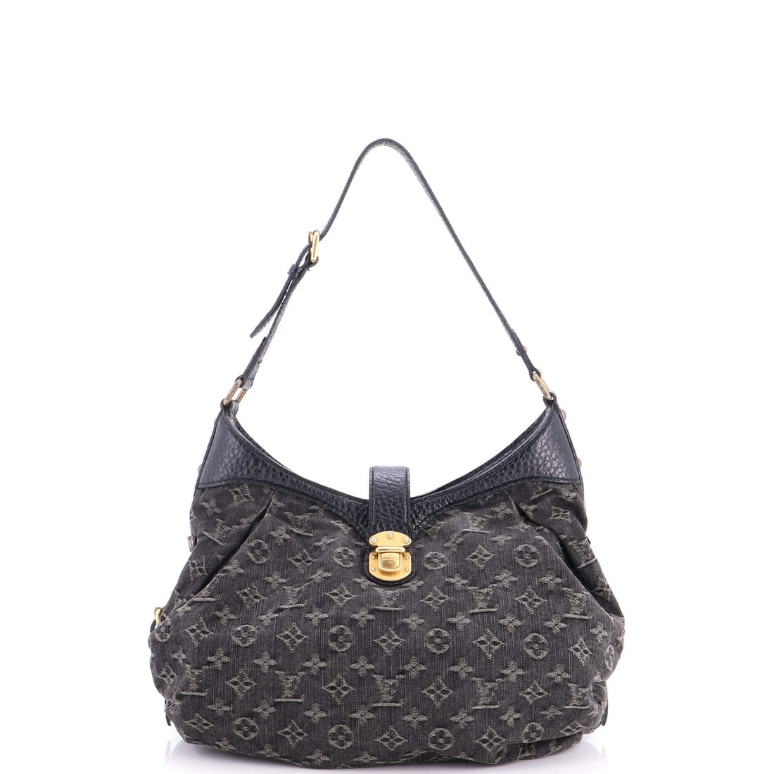 Louis Vuitton Hobo Denim: Louis Vuitton Hobo Denim Black Louis Vuitton Hobo Denim bag with a classic design, featuring a 10" tall and 12" wide exterior, and a 9-11" drop handle. The exterior shows signs of wear, including